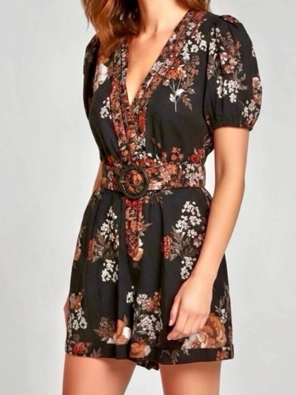 NWT Caroline Constas Floral Romper in Black & Brown, US6